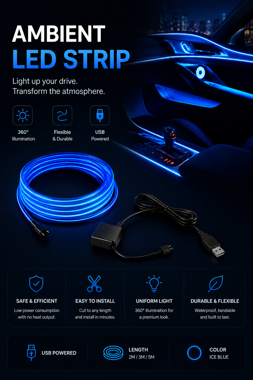 AURA Glow – USB LED Ambient Light Strip for Car Interior